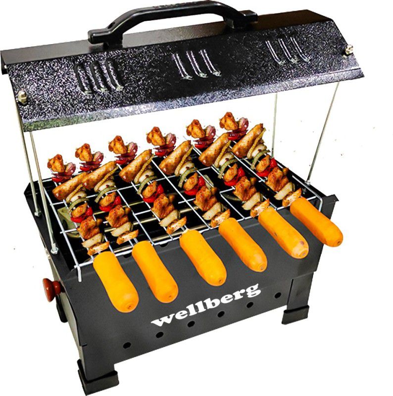 WELLBERG Electric & Charcoal Barbeque (2 in 1 BBQ)"Multi Purpose"Grill with 6 Skewers Wooden Handle Electric Grill Big Electric Tandoor