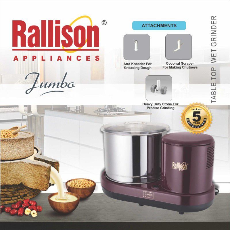 Rallison Appliances Jumbo 150 Watts-5 year Warrenty Wet Grinder  (Maroon)