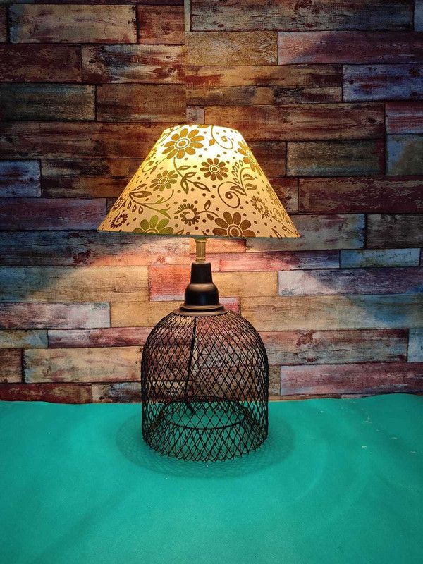 RAIKWAR Bird Cage Shape Black Color Metal Base Table Lamp Table Lamp  (48 cm, Golden Color Sun Flower Print Shade)