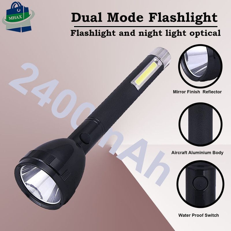MHAX Lithium Battery Long Range Led_torch Light Rechargeable with_2000mAh Battery Torch  (Black, 27 cm, Rechargeable)