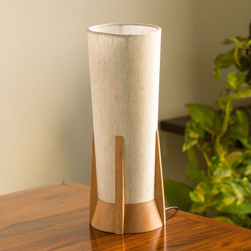 ExclusiveLane Handcrafted Round Pyramid Table Lamp  (34.8 cm, "BASE: Light Brown, SHADE: Cream")