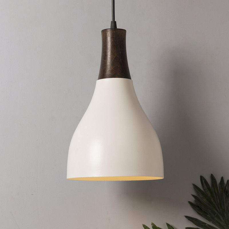 Homesake Croft Metal Wood Pendant Light, White Metal Antique Black Hanging Ceiling Light, Pyramid Pendants Ceiling Lamp  (White)