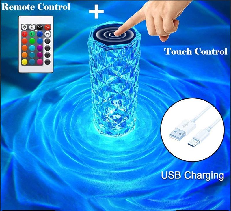 Desi Basket 3D Rose Diamond Crystal Lamp Led 16 Colors Night Light Table Lamp  (21.5 cm, Multicolor)