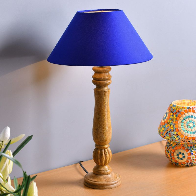 Homesake Classic Victorian Natural Wood Table Lamp With Blue Shade Table Lamp  (57 cm, Blue)