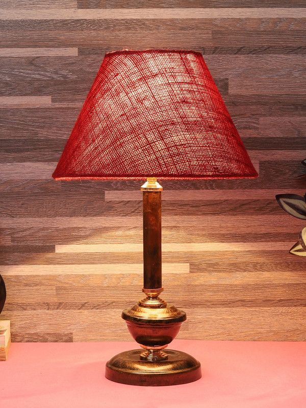 BrightDaisy Maroon Natural Fiber Shade With Copper Metal Base Table Lamp  (43 cm, Maroon)