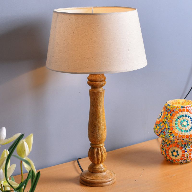 Homesake Classic Victorian Natural Wood Table Lamp With Khadi Shade Table Lamp  (57 cm, Beige)