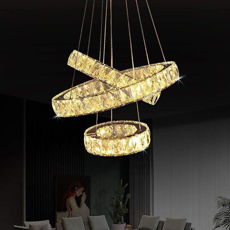 K9 CRYSTAL PRODUCTS Chandelier for Living Room Ceiling Light 10 Inch 14 Inch 18 Inch Three Ring x H Adjustable up to 35" Warm White K9-3ring-corna Chandelier Ceiling Lamp  (Yellow)
