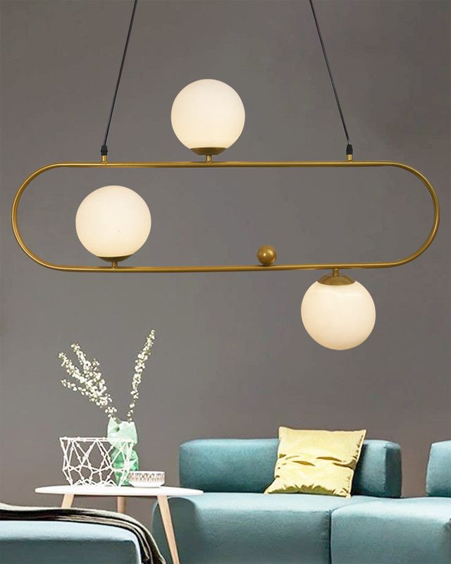 Homesake April in Paris Golden Oval Chandelier with White Frosted Glass, 3 Light Pendant Chandelier Ceiling Lamp  (Gold)