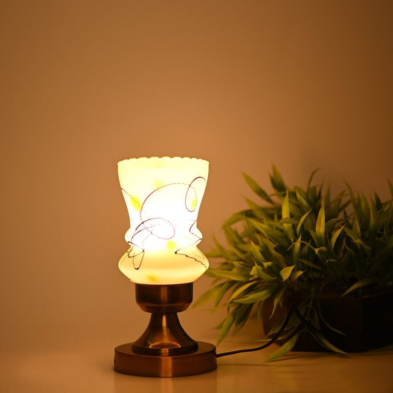 AFAST Stylish Table Lamp With Decorated Glass Shade, Round, LED Compatible Table Lamp  (25 cm, White, Yellow)