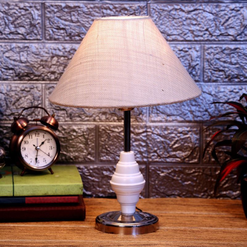 foziq Fancy & Decorative Table Lamp With Black Crome Base Table Lamp  (37 cm, White)