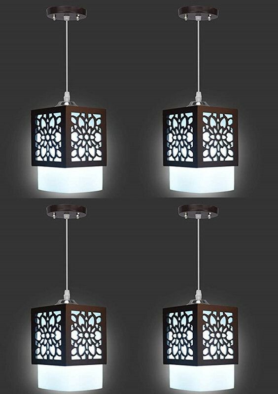 ORAB Wooden Square Flower Design hanging lamp (Set of 1),bulb not included Chandelier Ceiling Lamp  (Black, White)