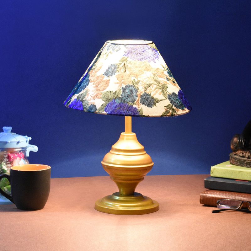 foziq White & Blue Fabric Shade With Gold Metal Base Table Lamp  (35 cm, White, Blue)