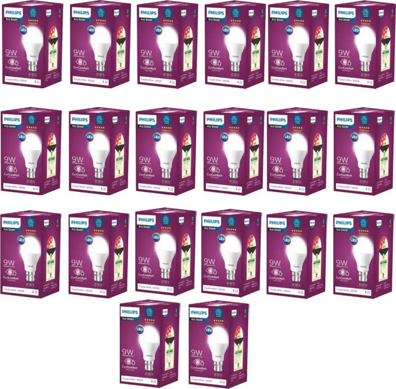 PHILIPS 9 W Round B22 LED Bulb  (White, Pack of 20)