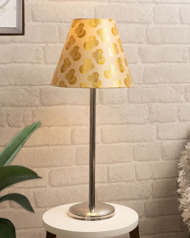Homesake Gray Chrome 16" Suave Table Lamp with Fabric Shade, Bedside Light, Peacock Table Lamp  (60 cm, Gold)
