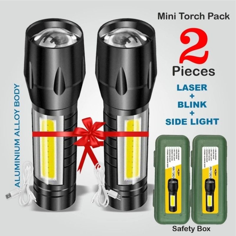 MHAX (Pack 2) Mini_Rechargeable_Pocket Torch Light Zoom COB USB Led WaterProof Torch  (Black : Rechargeable)
