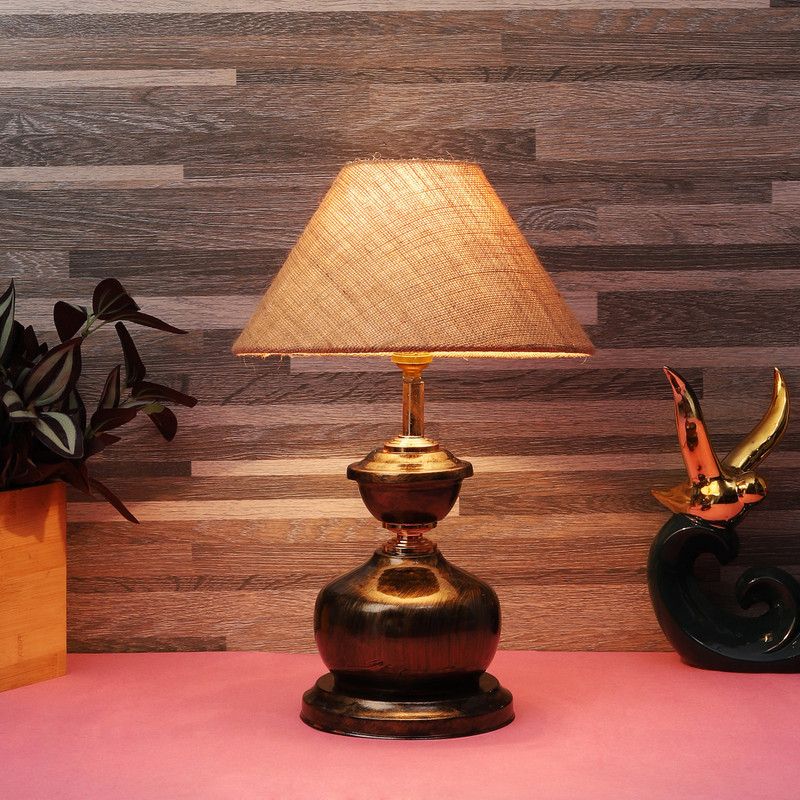 foziq Brown Natural Fiber Shade with Copper Metal Base Table Lamp  (40 cm, Brown)