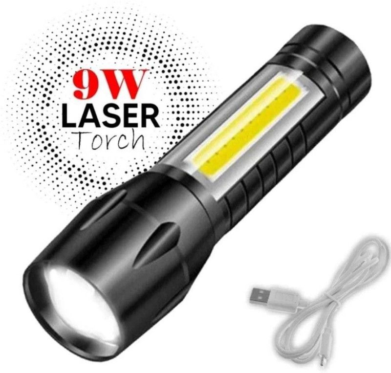 MHAX Mini 2in1 Waterproof_LED 4 Mode Zoomable Flashlight Full 9W Metal_Body Torch  (Black : Rechargeable)