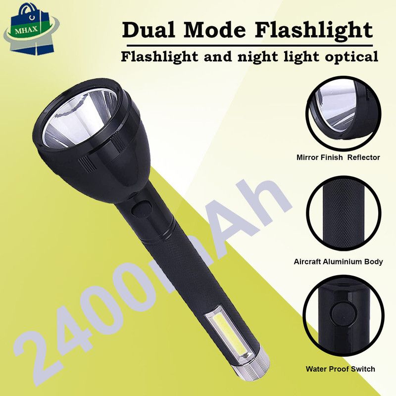 MHAX Lithium Battery Long Range Led_torch Light Rechargeable with_2000mAh_Battery Torch  (Black, 27 cm, Rechargeable)