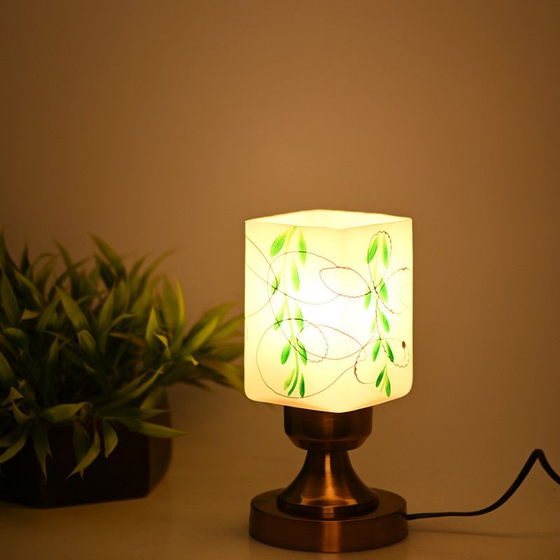 AFAST Stylish Table Lamp With Decorated Glass Shade, Round, LED Compatible Table Lamp  (23 cm, White, Green)