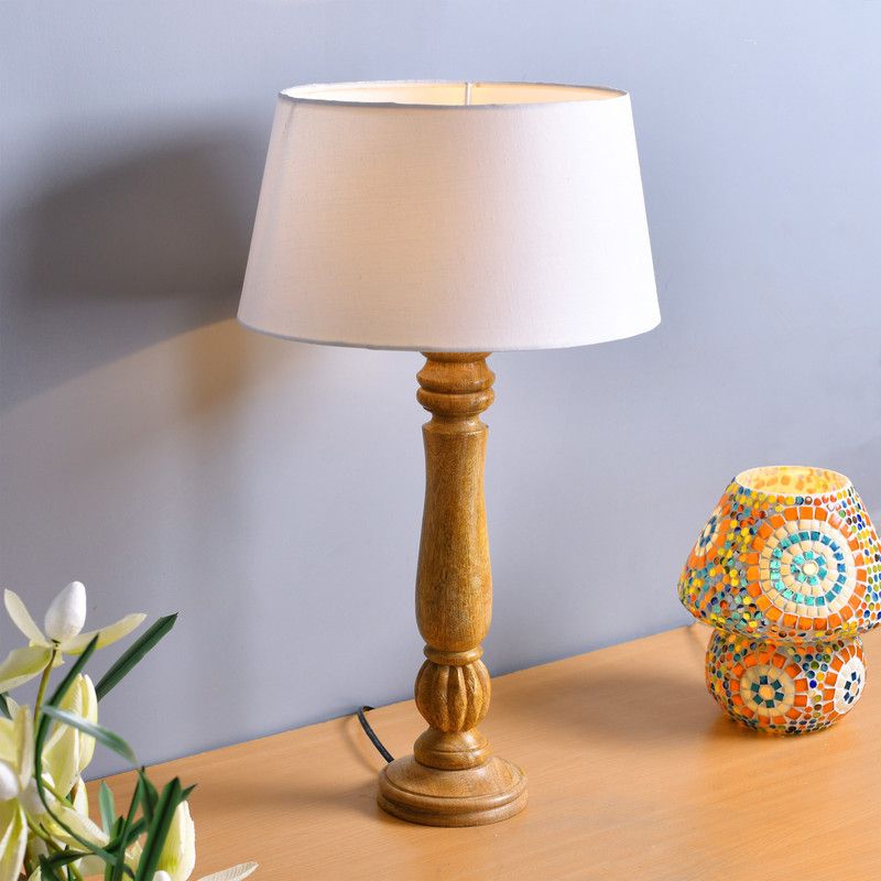 Homesake Classic Victorian Natural Wood Table Lamp With White Drum Shade Table Lamp  (57 cm, Beige, White)