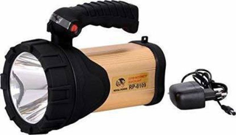Fiiasa 100W Portable Rechargeable Metal Royal Power RP-8109 Bright LED Torch Light Laser Long Range Distance High Power Search Light Emergency Lights Hand Handle Torch  (Yellow, Black, 20 cm, Rechargeable)