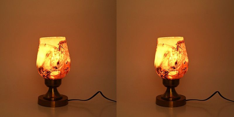 AFAST Stylish Table Lamp With Decorated Glass Shade, Round, LED Compatible,(Pack Of 2) Table Lamp  (25 cm, Brown, Gold)