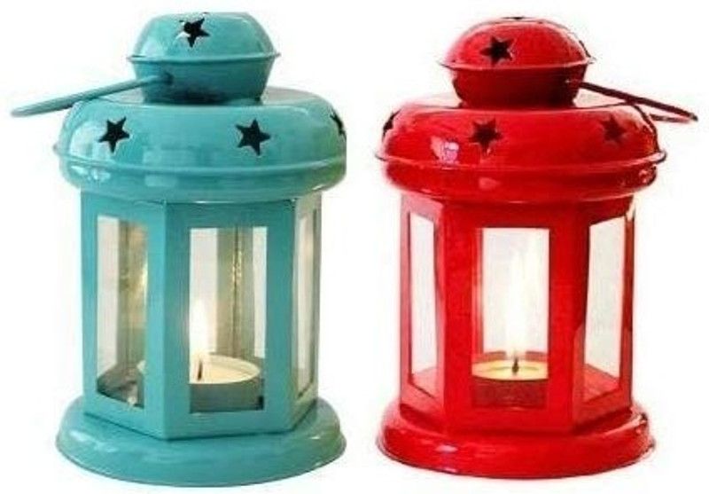 AFDECOR Decor Worth Hanging Lantern Diwali OR Birthday Gift , Diwali Decoration-Set of 2 Blue, Red Cast Iron Hanging Lantern  (15 cm X 10 cm, Pack of 2)