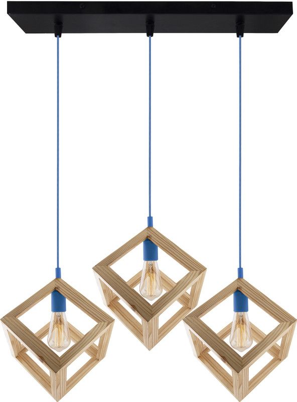 Homesake 3-Lights Linear Cluster Chandelier Modern Nordic Wooden Pendant Cube Light with Blue Silicone Holder Pendant Light, Kitchen Area and Dining Room Light, LED/Filament Light Pendants Ceiling Lamp  (Black, Beige, Blue)