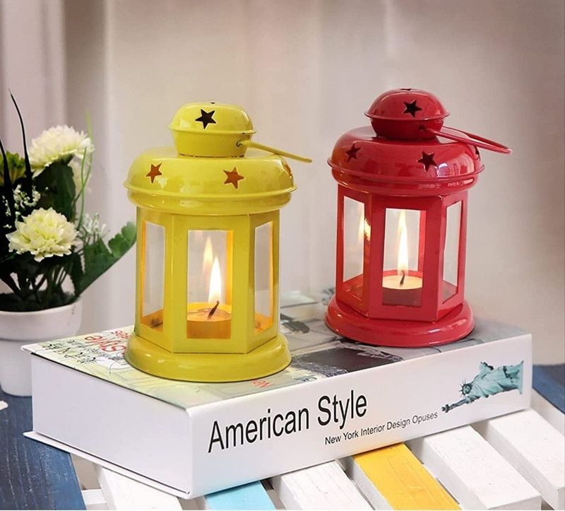 AFDECOR YELLOW_RED_LANTERN Yellow, Red Cast Iron Hanging Lantern  (15 cm X 10 cm, Pack of 2)