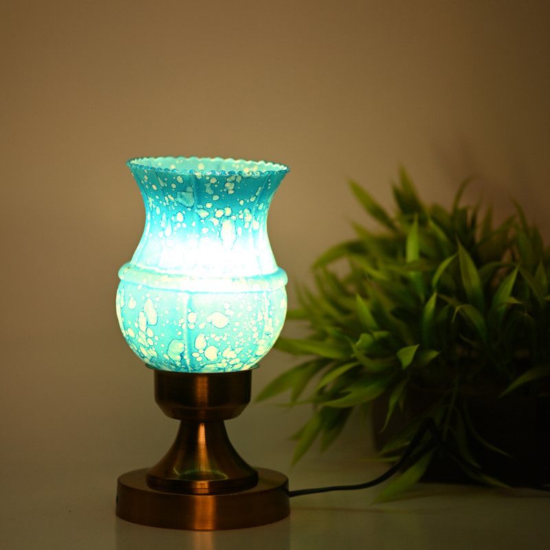 AFAST Stylish Table Lamp With Decorated Glass Shade, Round, LED Compatible Table Lamp  (25 cm, Light Blue)