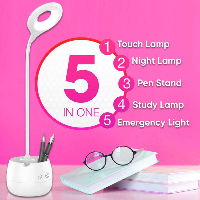 Pick Ur Needs Long Arm Study Desk Light with 3 Shades Touch Control Light Advanced Pen and Mobile Holder Design Table Lamp  (22 cm, White)