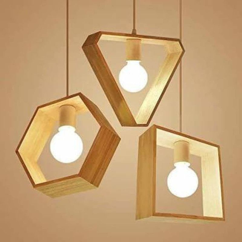VXS Wooden 1 Head Modern 3 Different Design Hexagon Square Triangle Shape Wood Pendant Light Hangingn Ceiling Lamp for Study Coffee Shop (Bulbs Not Included) Pendants Ceiling Lamp  (Beige, Brown)