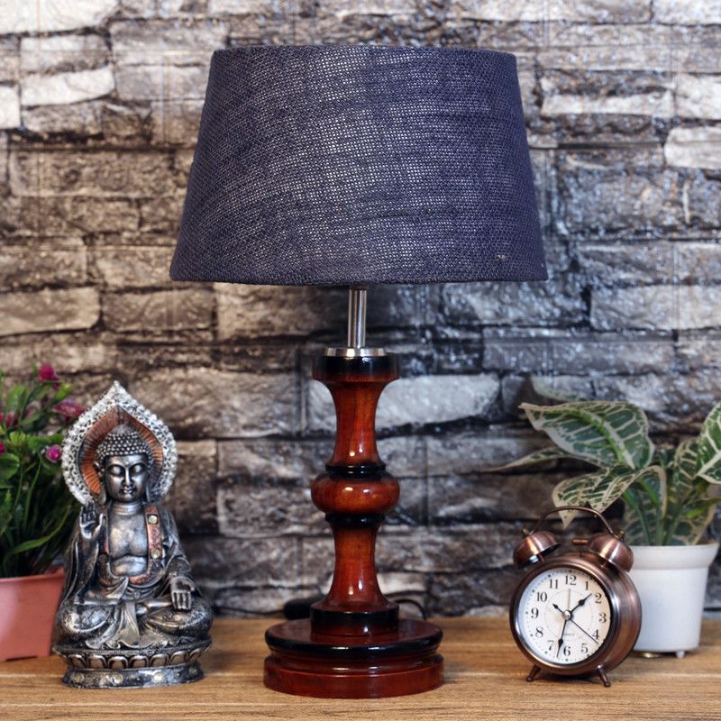 foziq Attractive & Fancy Table Lamp With Woodden Base Table Lamp  (46 cm, Blue)