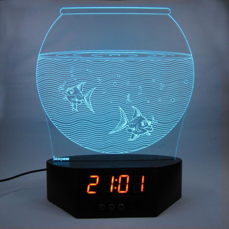 varna crafts Lampees 3D Illusion Fish Aquarium Big Base with Clock display LED Night Lamp  (25 cm, Black)