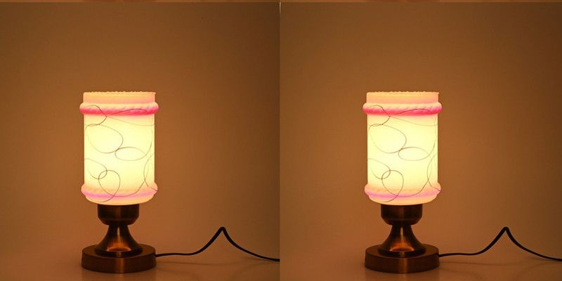 AFAST Stylish Table Lamp With Decorated Glass Shade, Round, LED Compatible,(Pack Of 2) Table Lamp  (27 cm, White, Pink)