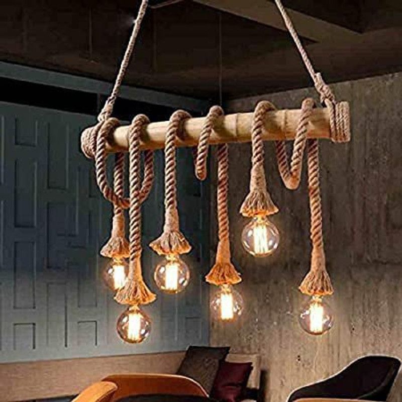 AHUJAINTERNATIONAL Vintage Pendant Chandelier Rope Bamboo LED Retro Hanging Light Bulb Not Included Pendants Ceiling Lamp  (Beige)