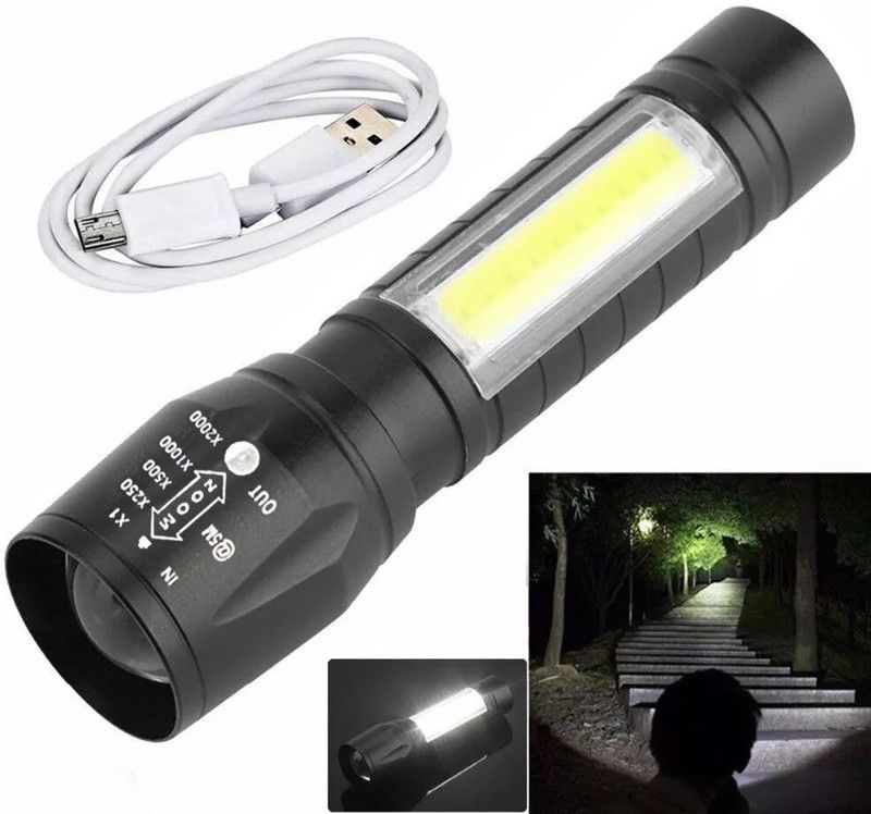 New Mini Zoomable Rechargeable Flashlight with Led Emergency Torch  (Black : Rechargeable)