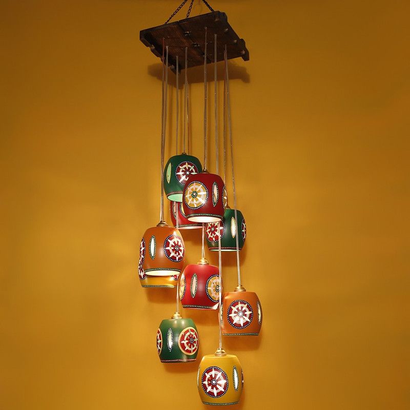 ExclusiveLane Barrel Shaped Metal Hanging Lamp Shades (10 Shades) Chandelier Ceiling Lamp  (Brown, Multicolor)