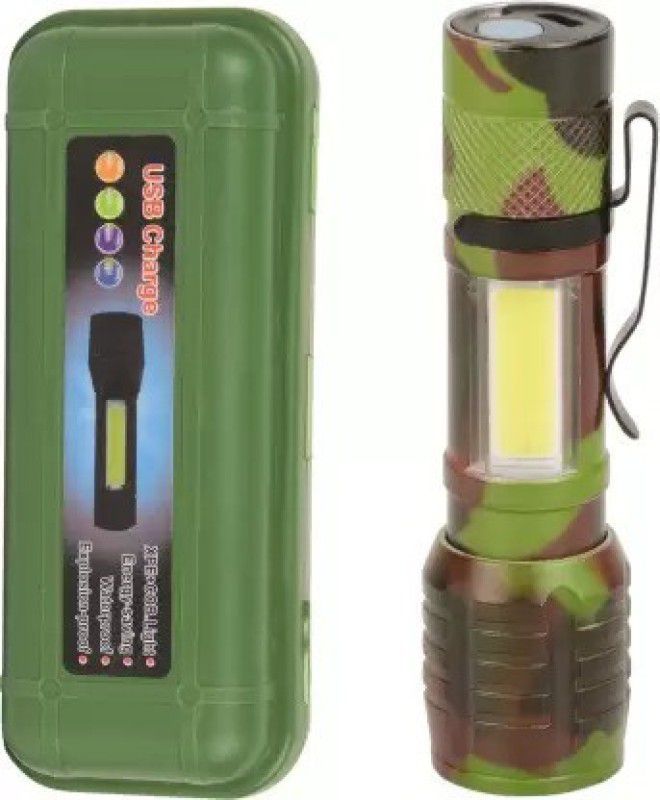 ECOSKY ALUMINUM ALLOY BODYMILIRTY GREEN USB RECHARGEABLE FLASHLIGHT TORCH COB Torch Torch  (Multicolor, 10 cm, Rechargeable)