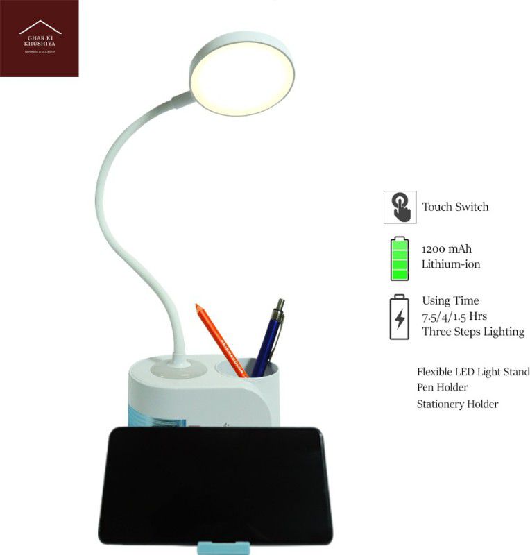 ghar ki khushiya LED RECHARGEABLE DESK LAMP (CABINET+PEN HOLDER+NIGHT LIGHT+ MOBILE HOLDER) FLEXIBLE, 50CM Study Lamp  (35 cm, WHITE 1)