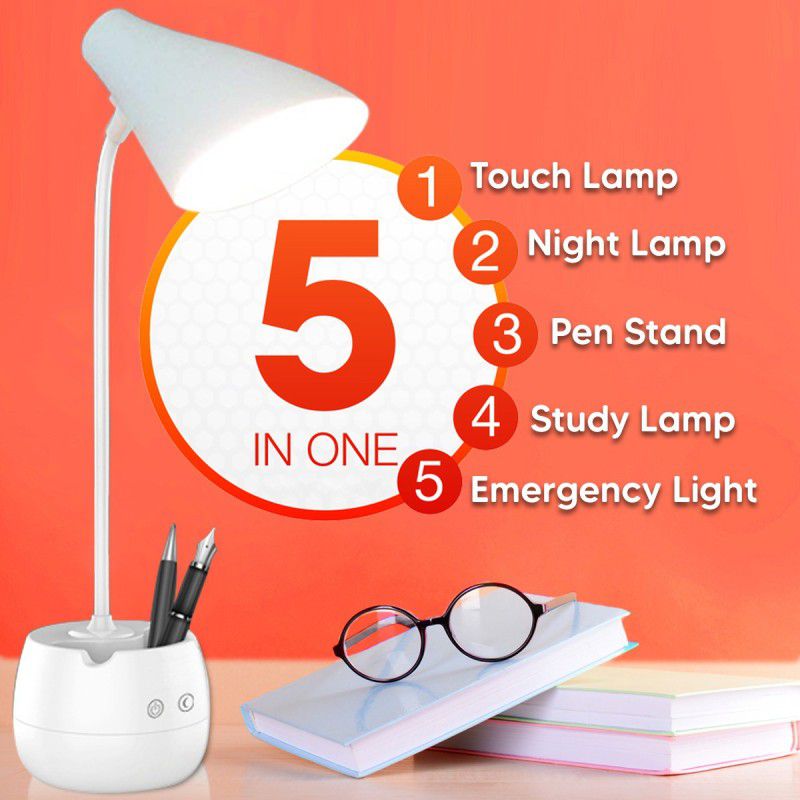 Pick Ur Needs 2 iN 1 Study Table Lamp Rechargeable Desk Light Touch Model With Nigh lamp & Pen Stand Study Lamp  (20 cm, White)
