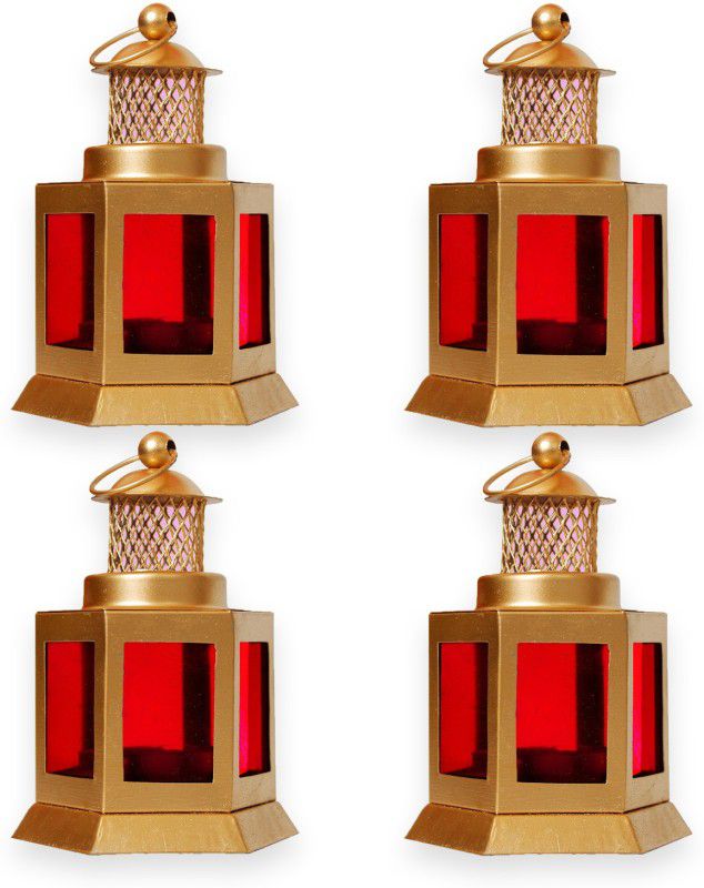 Craftox Décor Red, Gold Iron Hanging Lantern  (12 cm X 9 cm, Pack of 4)