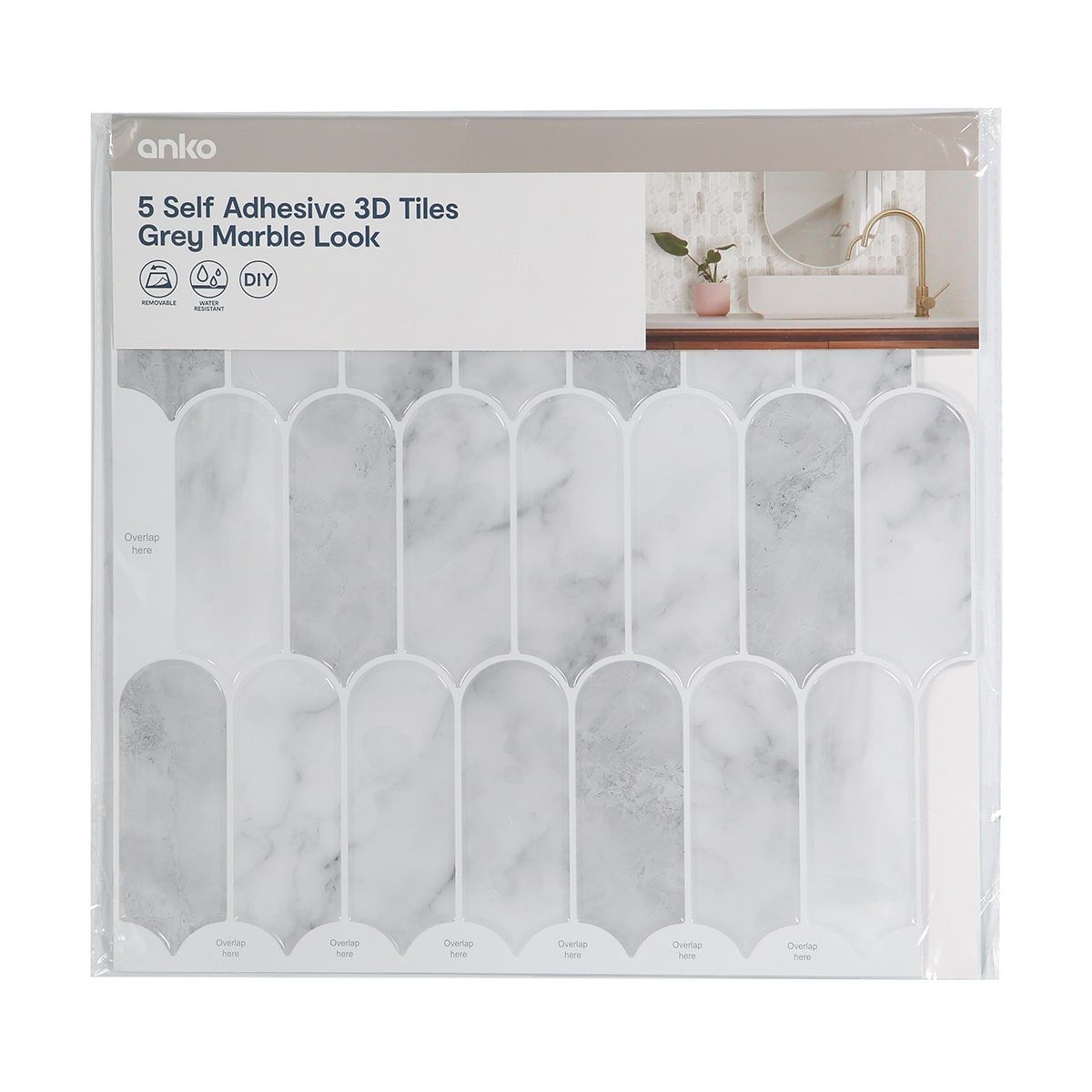 5 Pack Self Adhesive 3D Tiles - Grey Marble Look