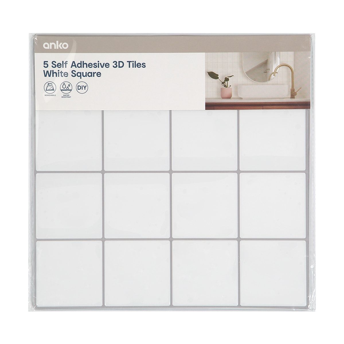 5 Pack Self Adhesive 3D Tiles - White Square