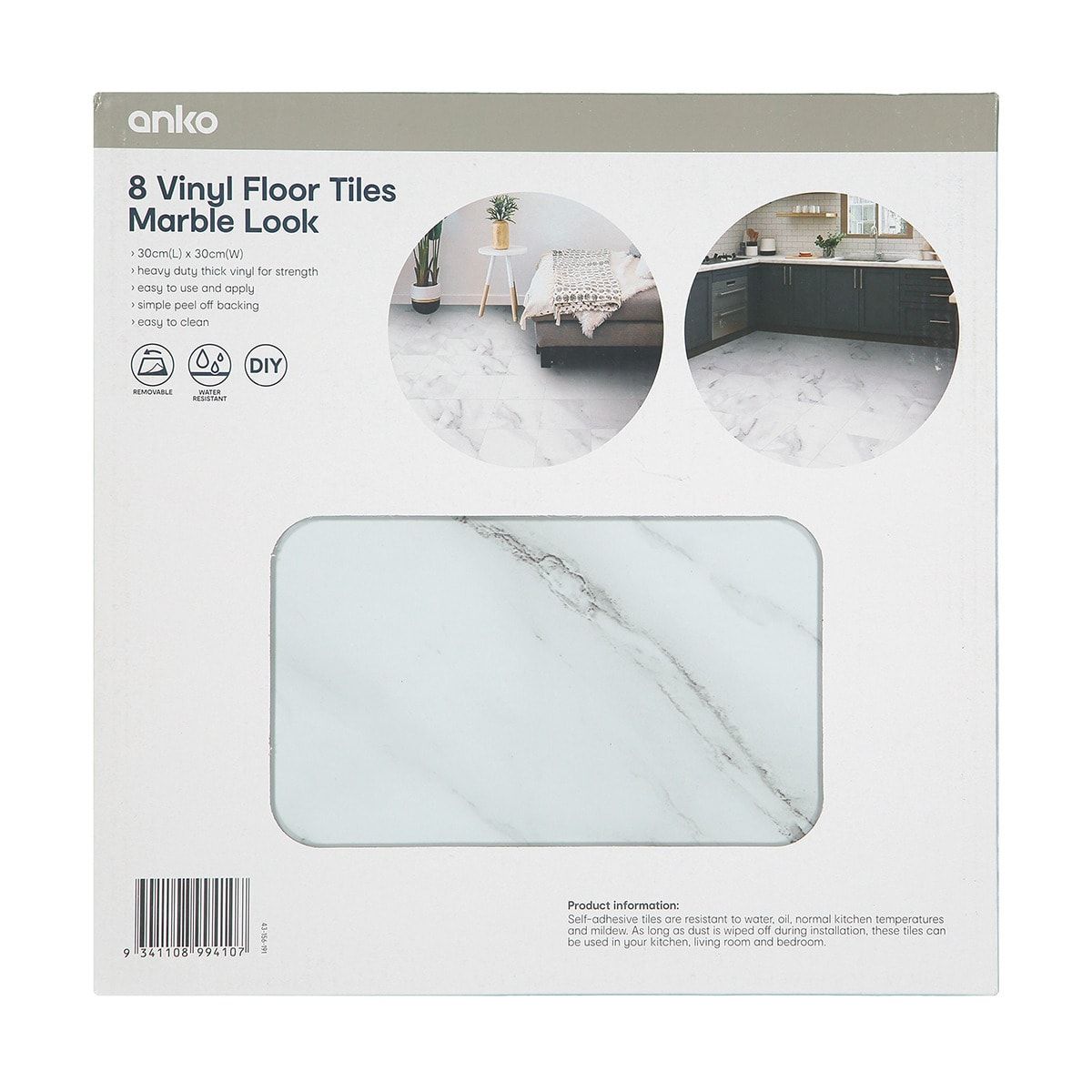8 Pack Vinyl Floor Tiles - Marble Look