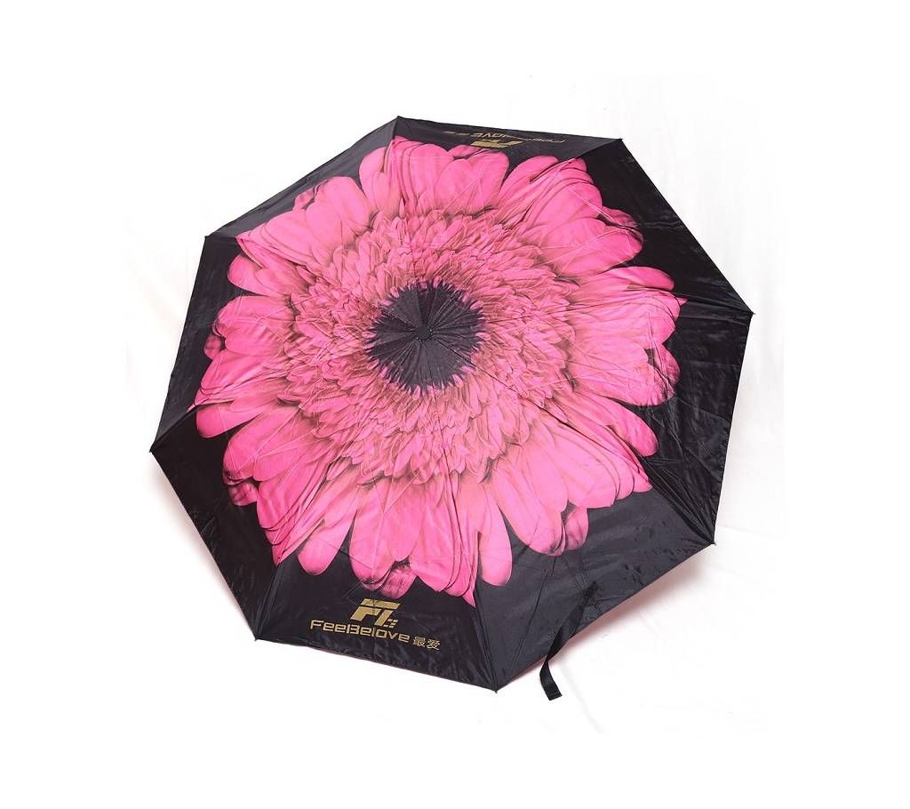 3D Flower Print Umbrella with Torch Light - Pink & Black