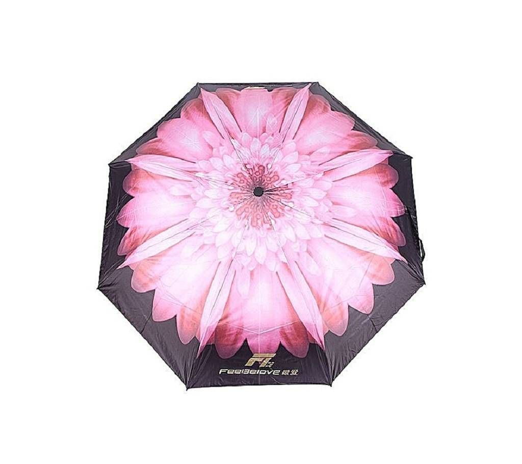 3D Flower Print Umbrella - Pink &Black