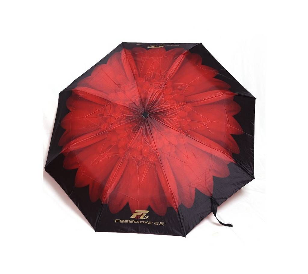 3D Flower Print Umbrella with Torch Light - Red & Black
