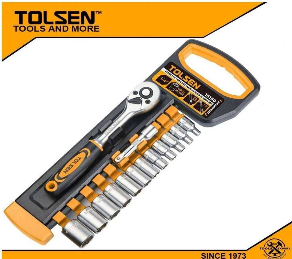 TOLSEN 14 Pcs 1/4" Ratchet Handle with Socket Set Industrial Series 15150