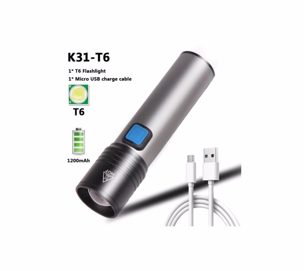 T6 Super bright Rechargeable  Waterproof Torch 3 lighting modes Zoomable camping LED Flashlight